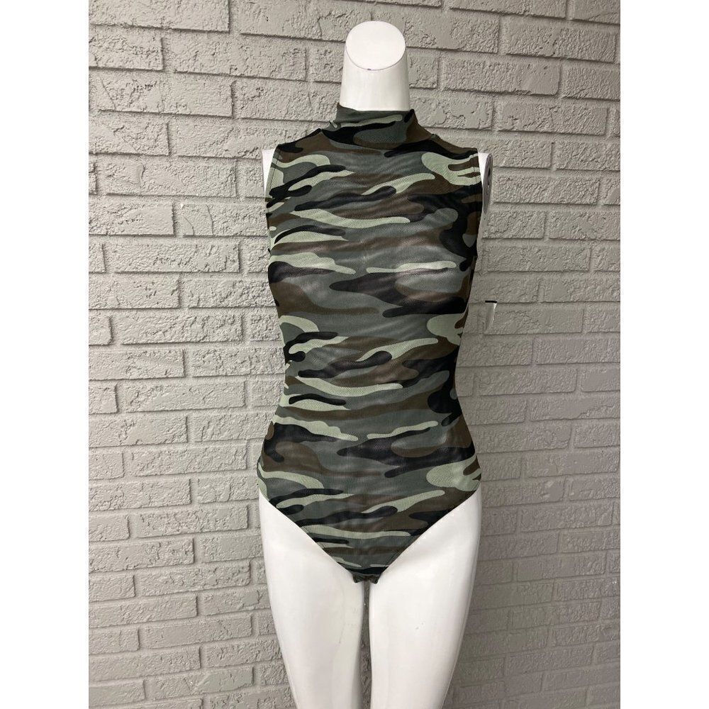 Derek Heart Women High Neck Mesh Camo Bodysuit Size S